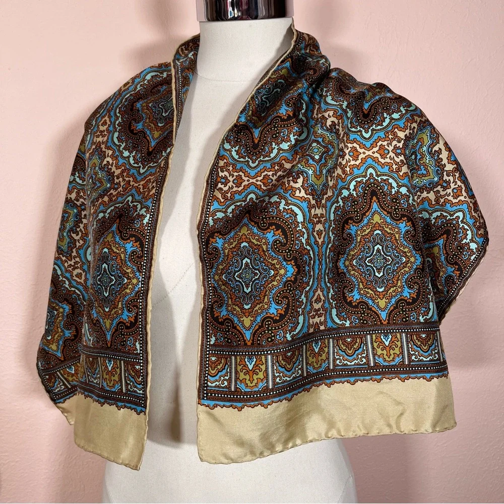 Vintage 1960 70 Burmel Mod Camel Brown blue Silk Made in Italy long Skinny Scarf